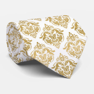 Elegant Floral Gold Damasks Geometric Pattern Neck Tie