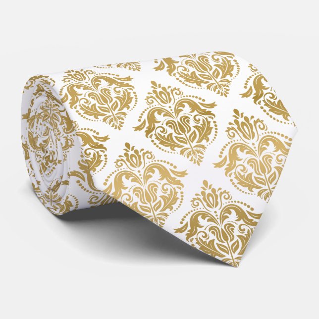 Elegant Floral Gold Damasks Geometric Pattern Neck Tie (Rolled)