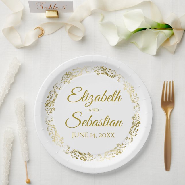 Elegant Floral Gold Filigree Simple Chic Wedding Paper Plates (Wedding)