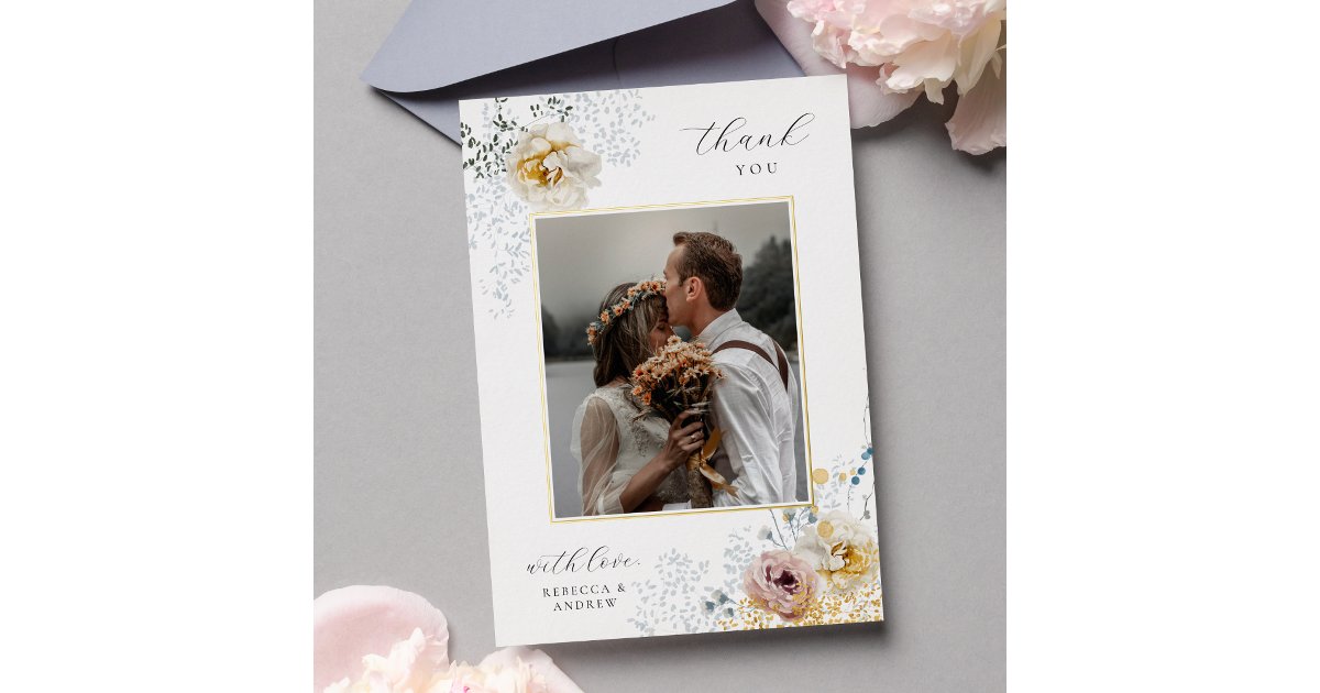 Elegant Floral Gold Foil Wedding Thank You Card | Zazzle
