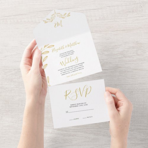 Elegant Floral Gold Formal Monogram Wedding All In One Invitation