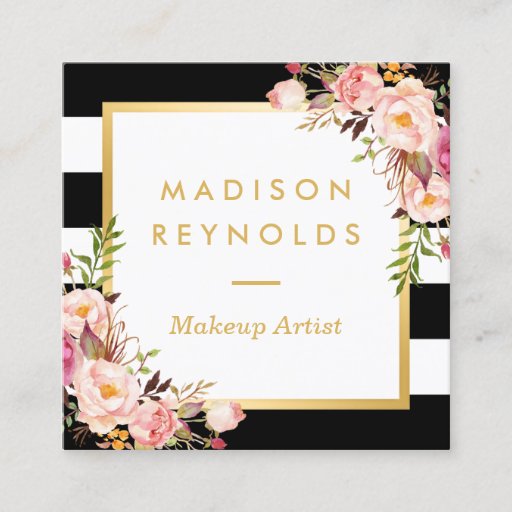 Customizable Elegant Floral Gold Frame Black White Stripes Square Business Card