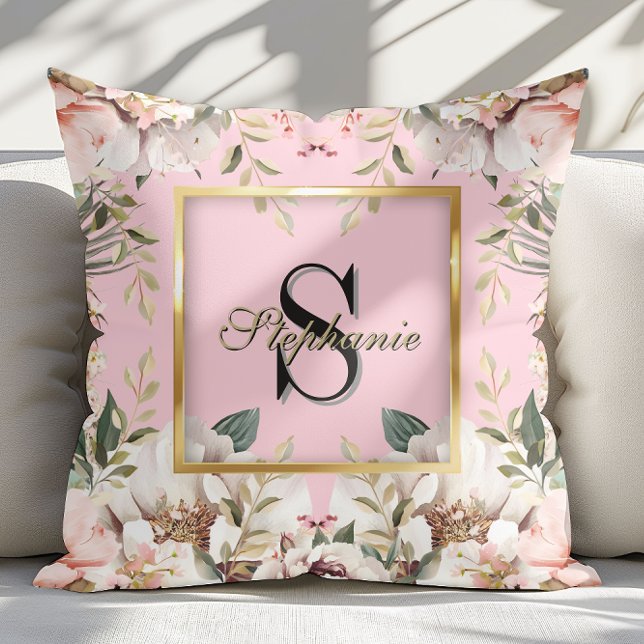 Elegant Floral gold Frame Monogram Blush Pink      Throw Pillow (Creator Uploaded)