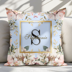 Elegant Floral gold Frame Monogram Light Blue    Throw Pillow