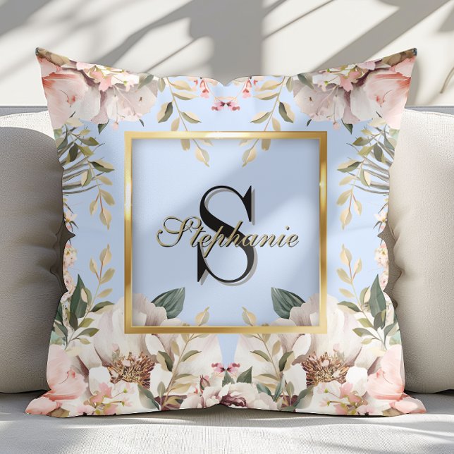 Elegant Floral gold Frame Monogram Light Blue    Throw Pillow (Creator Uploaded)