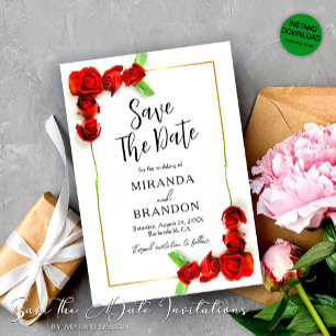 Elegant Floral Gold Frame Red Roses Save The Date Invitation