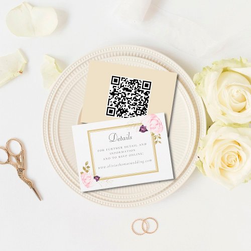 Elegant Floral Gold Frame Roses QR Code Wedding Enclosure Card