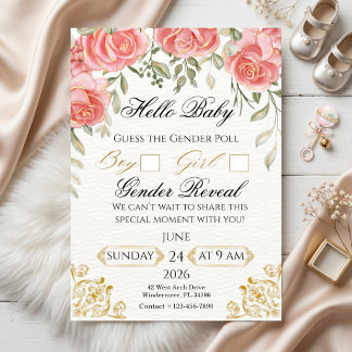 Elegant Floral Gold Gender Reveal Poll Invitation