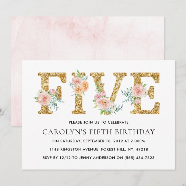 Elegant Floral Gold Glitter FIVE 5th Birthday Invitation (Front/Back)