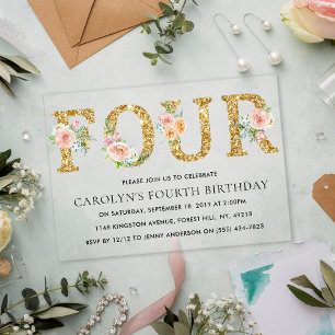 Elegant Floral Gold Glitter FOUR 4th Birthday Acrylic Invitations