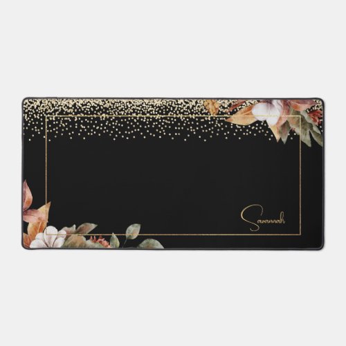 Elegant FloralGold Glitter on Black wYour Name Desk Mat