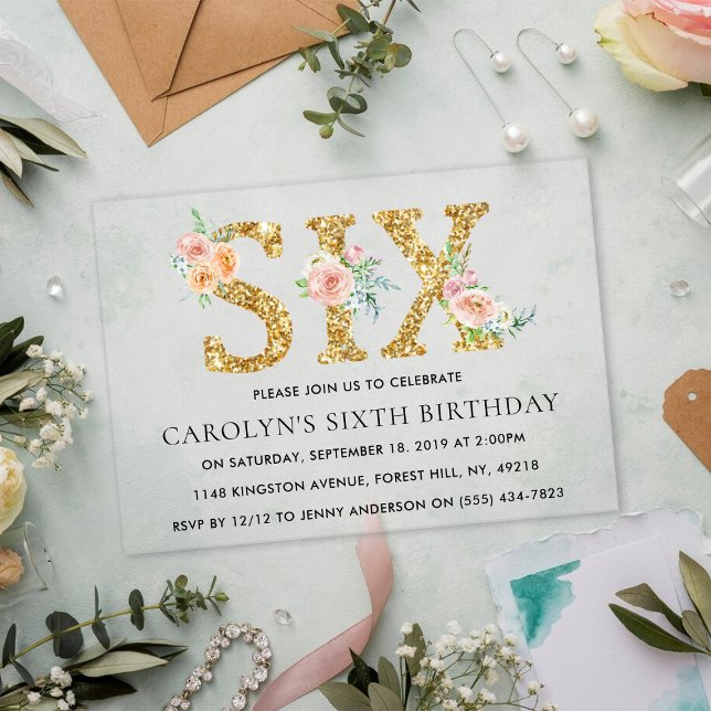 Elegant Floral Gold Glitter SIX 6th Birthday Acrylic Invitations (Creator Uploaded)