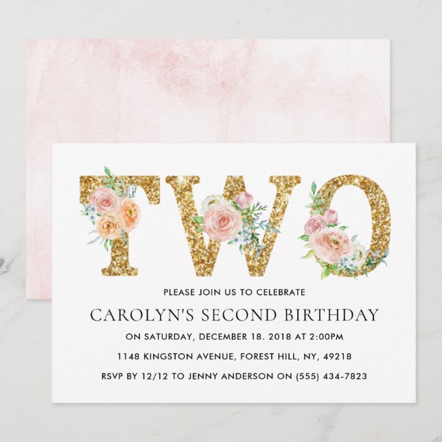 Elegant Floral Gold Glitter TWO 2nd Birthday Invitation (Front/Back)