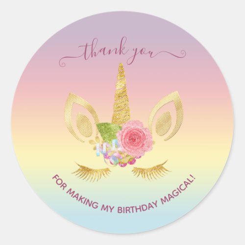 Elegant floral gold glitter unicorn thank you classic round sticker