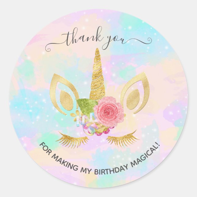 Elegant floral gold glitter unicorn thank you classic round sticker (Front)