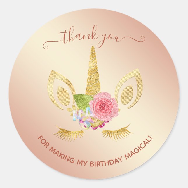 Elegant floral gold glitter unicorn thank you classic round sticker (Front)