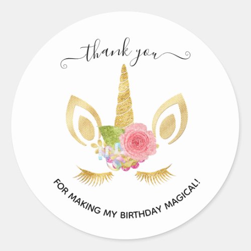 Elegant floral gold glitter unicorn thank you classic round sticker