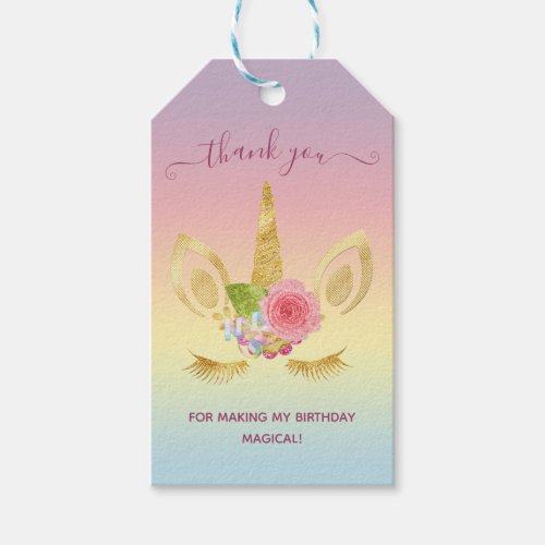 Elegant floral gold glitter unicorn thank you gift tags