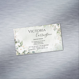 Elegant Floral Gold Green Script Professional Business Card Magnet