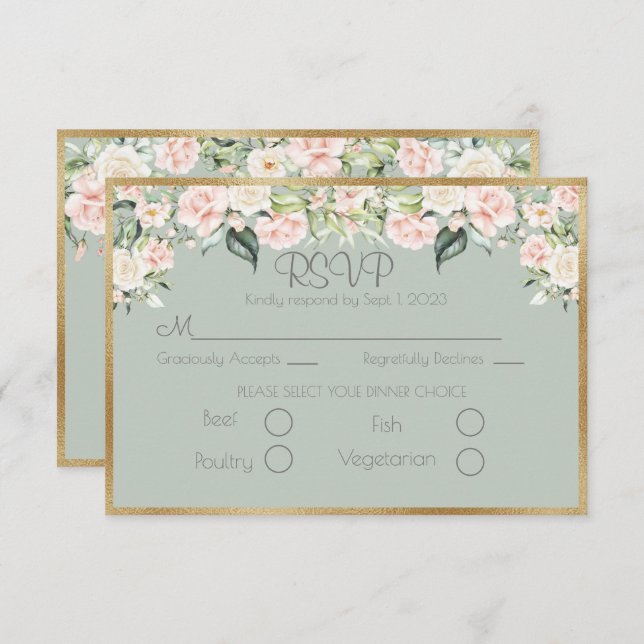 Elegant Floral Gold Green Script Wedding RSVP (Front/Back)
