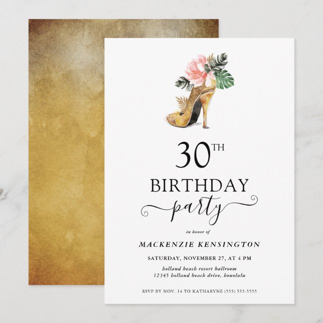 Elegant Floral Gold High Heels 30th Birthday Invitation (Front/Back)