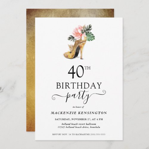 Elegant Floral Gold High Heels 40th Birthday Invitation