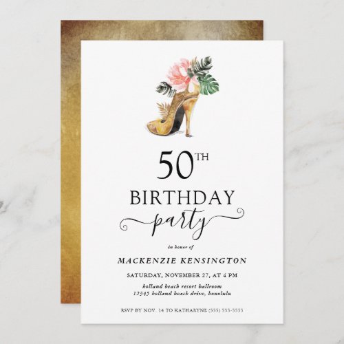 Elegant Floral Gold High Heels 50th Birthday Invitation