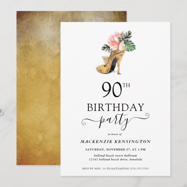 Elegant Floral Gold High Heels 90th Birthday Invitation (Front/Back)