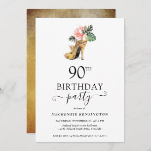 Elegant Floral Gold High Heels 90th Birthday Invitation