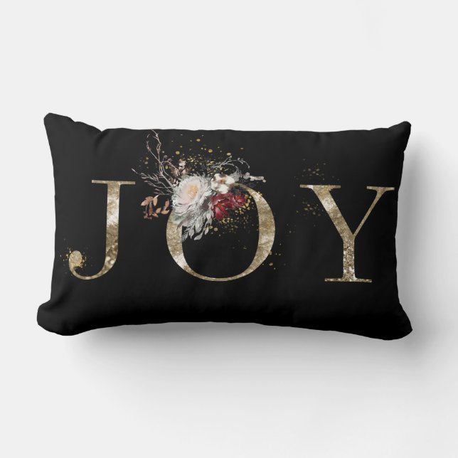 Elegant Floral Gold JOY Christmas Lumbar Pillow (Front)