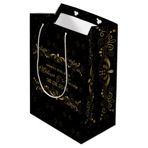 Elegant Floral Gold Lace With Black Damasks Medium Gift Bag