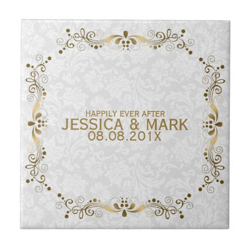 Elegant Floral Gold Lace With White Damasks 2 Ceramic Tile