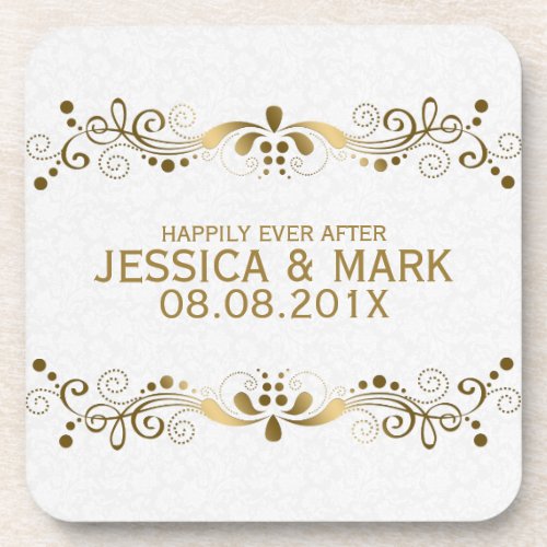 Elegant Floral Gold Lace With White Damasks 2 Coaster