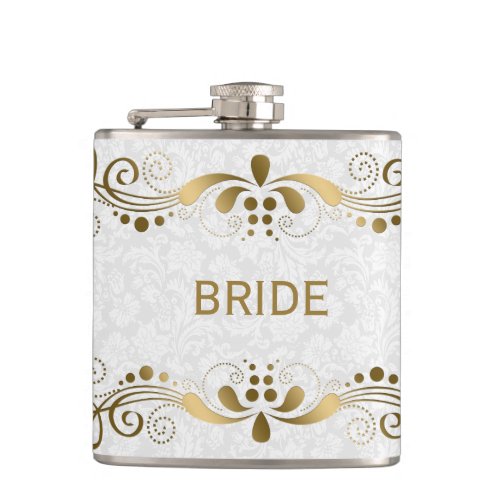 Elegant Floral Gold Lace With White Damasks 2 Hip Flask