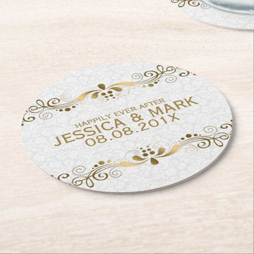 Elegant Floral Gold Lace With White Damasks 2 Round Paper Coaster