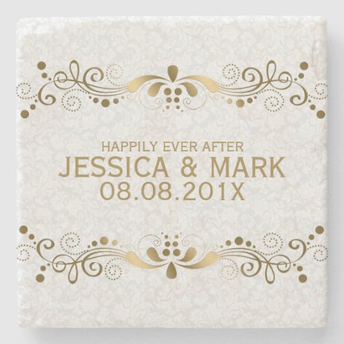 Elegant Floral Gold Lace With White Damasks 2 Stone Coaster