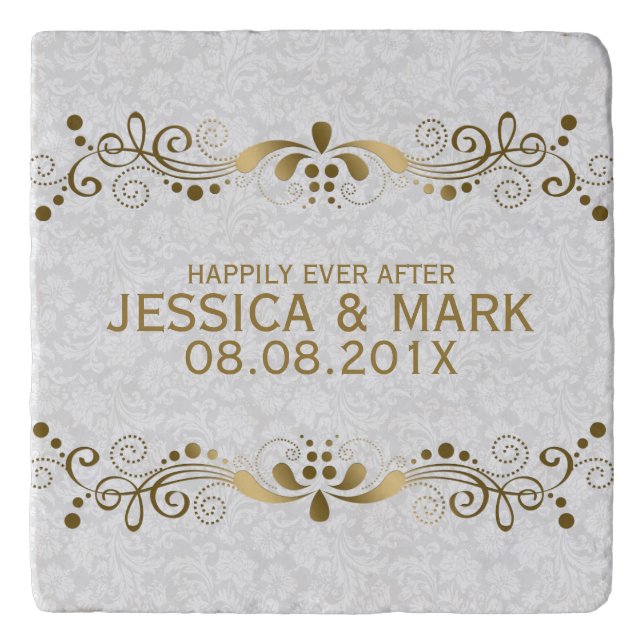 Elegant Floral Gold Lace With White Damasks 2 Trivet (Front)