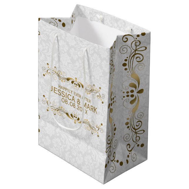 Elegant Floral Gold Lace With White Damasks 2a Medium Gift Bag (Front Angled)