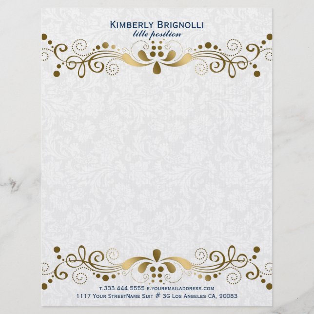 Elegant Floral Gold Lace With White Damasks Letterhead (Front)