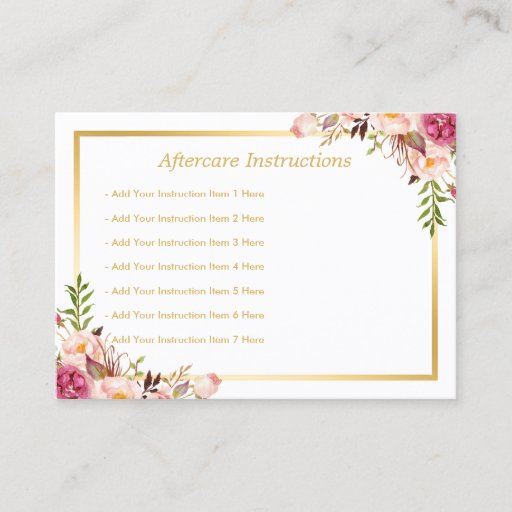 Customizable Elegant Floral Gold Lash Salon Aftercare Card