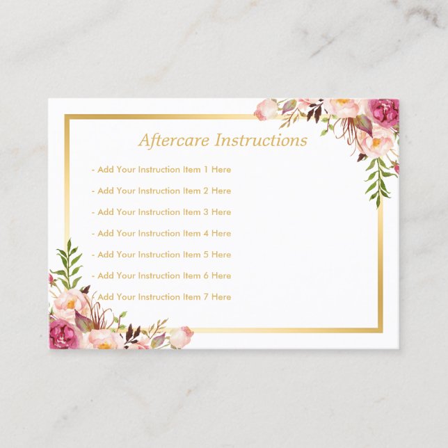 Elegant Floral Gold Lash Salon Aftercare Card (Front)