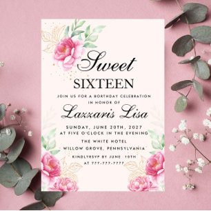 Elegant Floral & Gold Leaf Birthday Sweet Sixteen Invitation