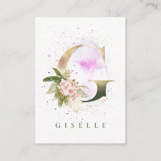 Elegant Floral Gold Letter Pink Watercolor Splash Business Card