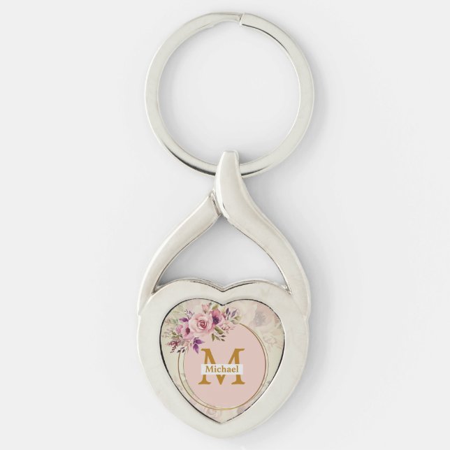Elegant Floral Gold Monogram Heart, Name & Initial Keychain (Front)