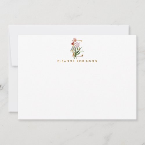 Elegant Floral Gold Monogram Letter E Personalized Note Card
