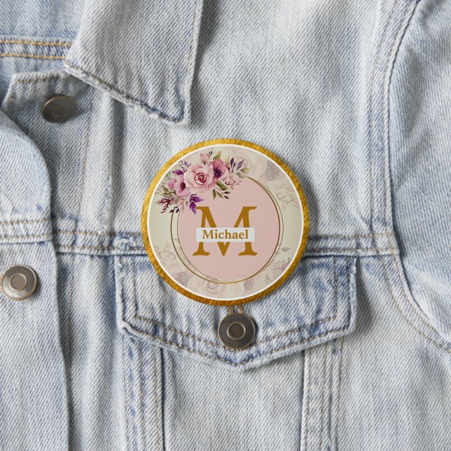 Elegant Floral Gold Monogram | Name & Initial Button (In Situ)