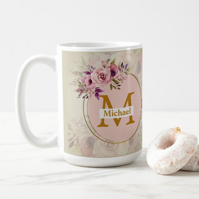 Elegant Floral Gold Monogram | Name & Initial Coffee Mug (With Donut)