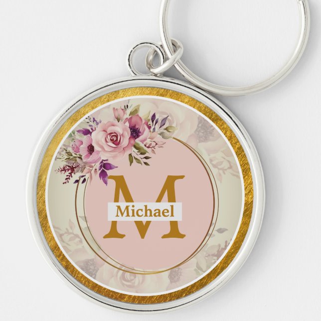 Elegant Floral Gold Monogram | Name & Initial Keychain (Front)