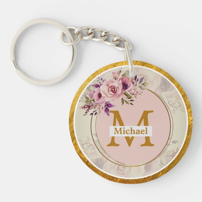 Elegant Floral Gold Monogram | Name & Initial Keychain (Front)