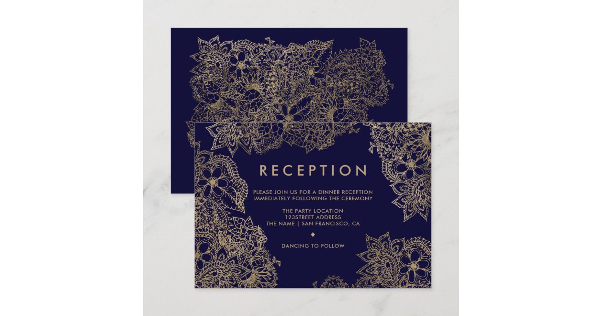 Elegant Floral gold navy blue reception wedding Invitation | Zazzle